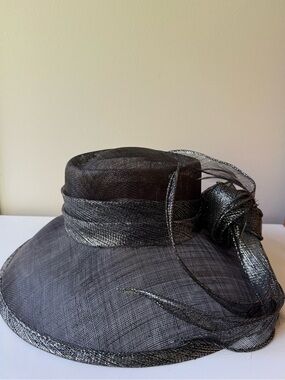 Women's Black Wide-Brim Dress Hat with Decorative Bow Accent